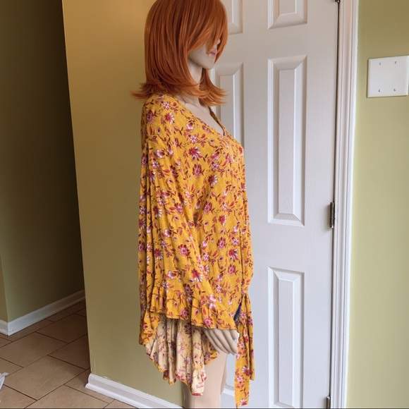 HPx2 Mustard Red Floral Tunic Relaxed Fit Ruffle Butterfly Sleeves Tie Waist SML - Picture 8 of 16